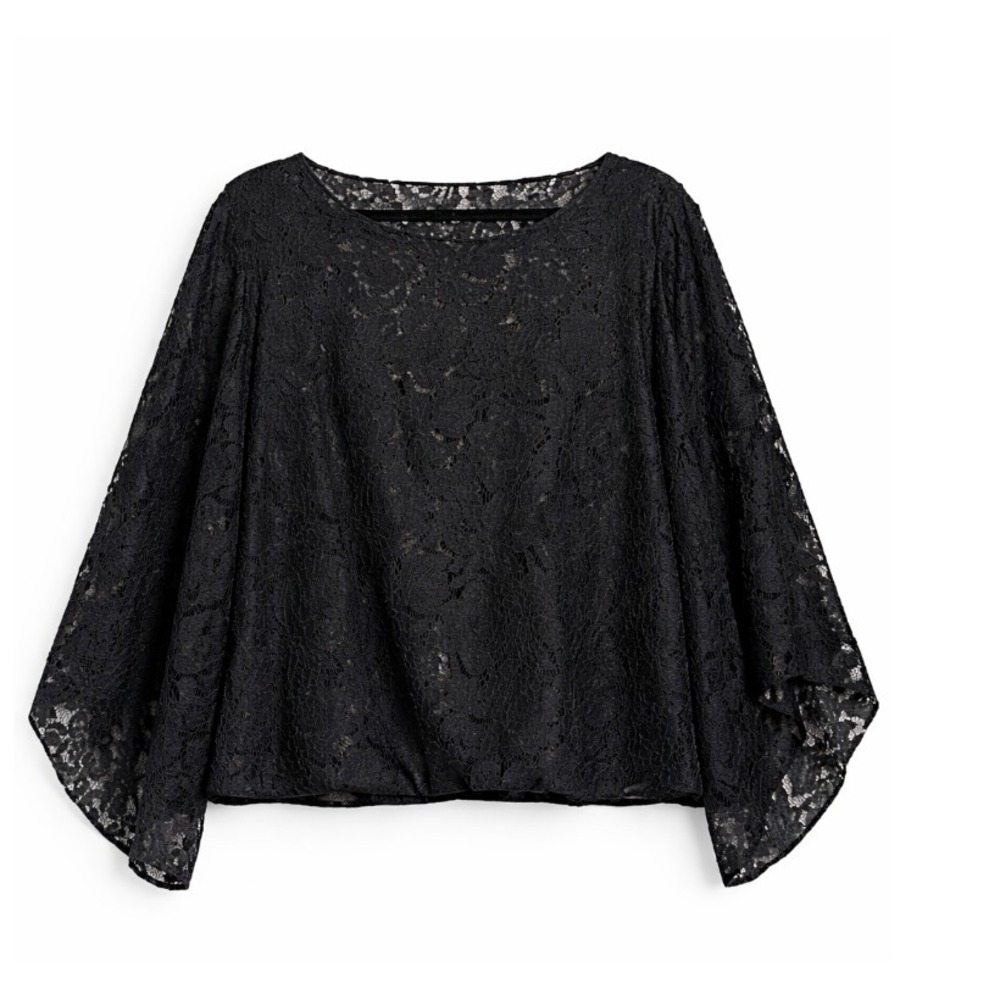Black Floral Lace Lined Blouse Sheer Bell Sleeve 1X-2X Elegant Witchy Whimsigoth